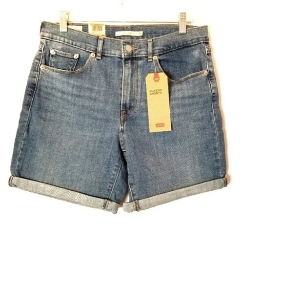 NEW Levi's Premium Women Sz‎ 28 Blue Mid-Rise Cuffed Hem Denim Jean Shorts - Picture 1 of 13